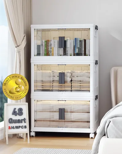 Vista 7 de OlarHike 48QT Contenedores de almacenamiento apilables con tapas, caja de almacenamiento plegable con puertas y ruedas, contenedores de plástico