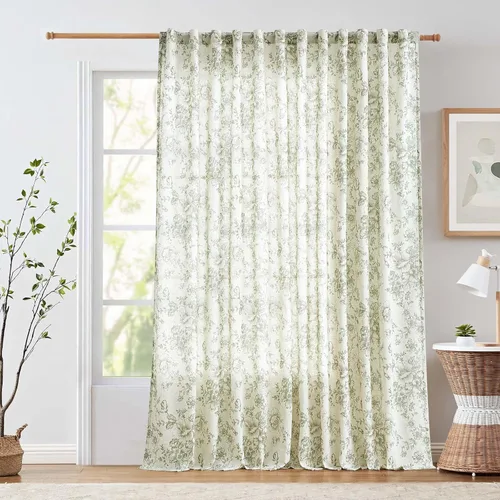 Vista 94 de JINCHAN Cortinas de mezcla de lino con flores para sala de campo francés, cortinas para sala de estar de 84 pulgadas de largo, cortinas impresas