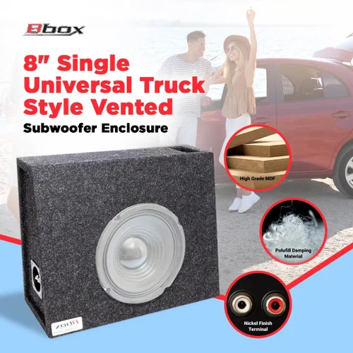 Vista 2 de Atrend Caja de subwoofer ventilada universal estilo camión de 8 pulgadas - Paneles de extremo en inglete y Dado - Acabado alfombrado premium