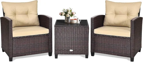 KOTEK Juego de muebles de patio de 3 piezas, juego de conversación al aire libre con cojines lavables y mesa de vidrio templado, juego de bistró de