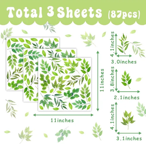 Vista 5 de Calcomanías de pared de hojas verdes, calcomanías de hojas de árbol para despegar y pegar, calcomanías de hojas de plantas botánicas, calcomanías