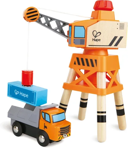 Vista 6 de Hape Juego de cruces y grúas Juego de carga ferroviaria de madera de 32 piezas para niños, multicolor