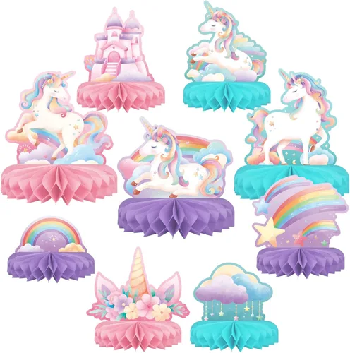 Juego de suministros para fiesta de cumpleaños de unicornio, decoraciones de mesa arcoíris con centro de mesa de panal para decoraciones de fiesta