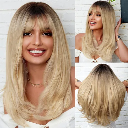 Vista 10 de HAIRCUBE - Peluca marrón con reflejos rubios, peluca larga y rizada con flequillo, peluca marrón de apariencia natural, peluca sintética resistente