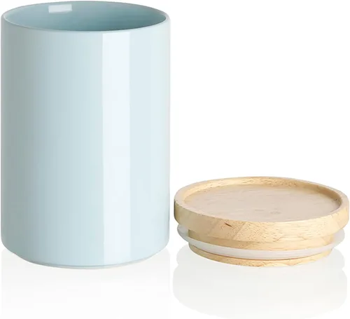 Vista 14 de SWEEJAR – Recipiente de cerámica para almacenamiento de alimentos, recipientes apilables con tapa hermética de madera para servir café molido, té