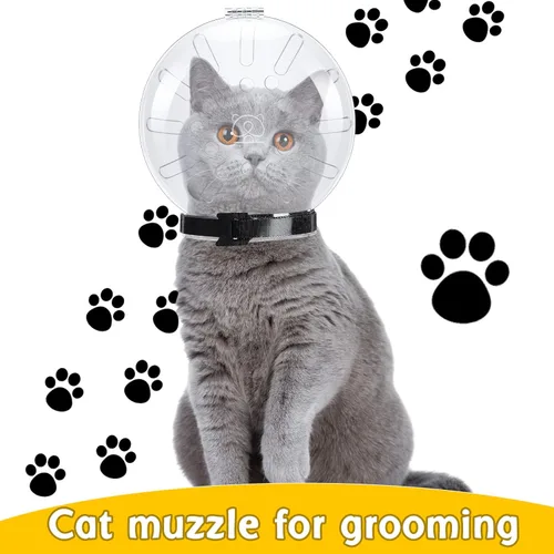 Vista 4 de Bozal transparente para gatos con capucha transpirable, bozal de gato para aseo ajustable, cubierta de boca de gatito, casco antimordeduras, máscara