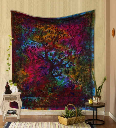 Vista 5 de The Art Box - Tapiz Blanco del Árbol de la Vida para Colgar en la Pared – De Algodón Indio, Colcha Doble, Manta de Pícnic, Decoración de Pared