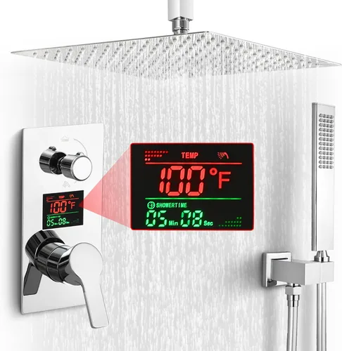 Vista 29 de SKOWLL Shower System with Tub Spout Bathroom Tub and Shower Faucet Combo Wall Mount 12 Inch Black Shower Head and Handle Set, Display Shower Valve