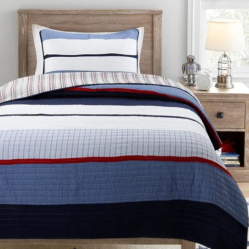 Cozy Line Home Fashions Juego de ropa de cama reversible de 100% algodón con rayas rojas y azul marino (Harlan, individual, 2 piezas)