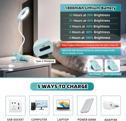 Vista 3 de Akynite Lámpara de escritorio LED con clip, 5 modos, 5 brillos regulables, luz de abrazadera regulable, batería recargable, lámpara de lectura