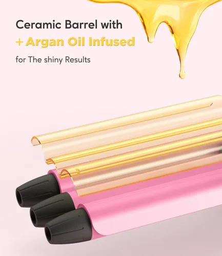 Vista 5 de Mini crimpadora para cabello corto de 12 pulgada, pequeña herramienta de ondas de playa, rizador de 3 barriles con infusión de aceite de argán