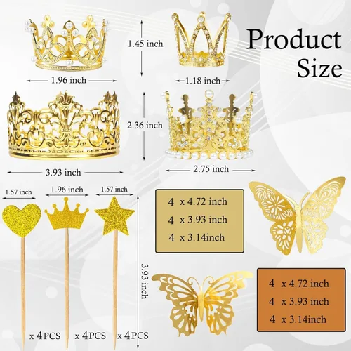 Vista 2 de 40 piezas de mini corona para tarta, corona de oro pequeña, mini tiara con decoración de mariposa dorada, mariposas doradas 3D para arreglos