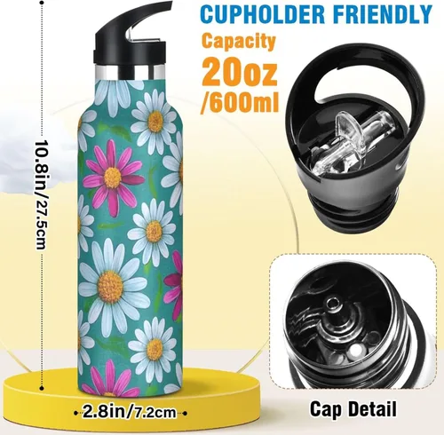 Vista 2 de Elegant Daisy Floral White Peach Leakproof and BPA Free Insulated Water Bottle with Handle Double-Wall Vacuum Insulation for Water, Milk, Juice