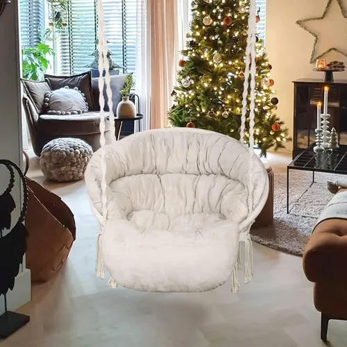 Vista 6 de Silla hamaca con cojín, silla columpio de macramé hecha a mano con kits de accesorios para colgar, estilo bohemio, silla colgante de cuerda de Beige