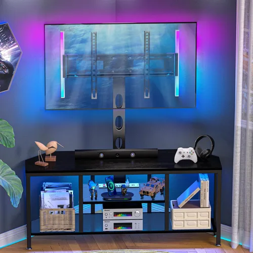 Vista 8 de Soporte de TV esquinero con soporte LED, soporte universal para TV de 32 a 65 pulgadas, consola giratoria de altura ajustable, centro