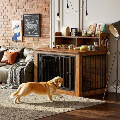 Vista 8 de IRONCK Mueble de jaula extragrande para perros, jaula de madera de 43.3 pulgadas con almacenamiento y 4 ganchos, jaula resistente para perros Marrón