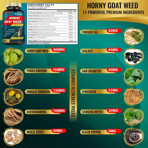 Vista 3 de Cápsulas de extracto de maleza de cabra cachonda de 10000 mg y ginseng, tribulus, ashwagandha, maca, tongkat y más, 120 cápsulas