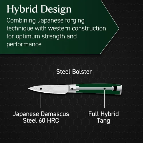 Vista 3 de Cuchillo de cocina HexClad, hoja de acero inoxidable japonés de Damasco de 3.5 pulgadas, mango de Pakkawood