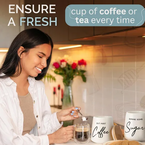 Vista 4 de Juego de recipientes de cerámica para té de café y azúcar con tapas de bambú, recipientes de cocina herméticos de 3 piezas para encimera, juego