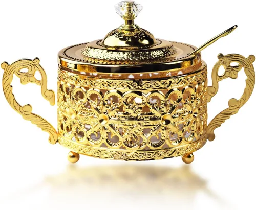 Vista 10 de Flylin Azucarero, azucarero turco con cuchara de azúcar y tapa, recipiente de doble soporte, recipiente para condimentos, tarro de vidrio