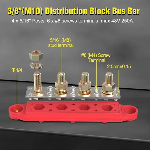 Vista 4 de MOFEEZ Barra de bus de bloque de distribución de energía, 4 postes de 5/16 pulgadas, 6 terminales de tornillos #8, máximo 48 V 250 A