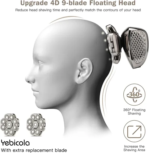 Vista 2 de Afeitadoras de cabeza 4D para hombres calvos, 9 cabezas flotantes mejoradas, con hoja de repuesto adicional, 6 en 1, recargable, impermeable