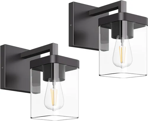 Vista 9 de Juego de 2 apliques de pared, diseño cuadrado, accesorios de iluminación de baño con pantalla de vidrio transparente, luces de pared negras mate