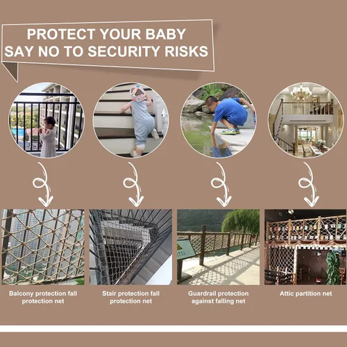 Vista 4 de Red de cuerda de cáñamo de seguridad para niños, para escalar, balcón, escaleras, barandilla, jardín, patio, protección resistente, casa de árbol