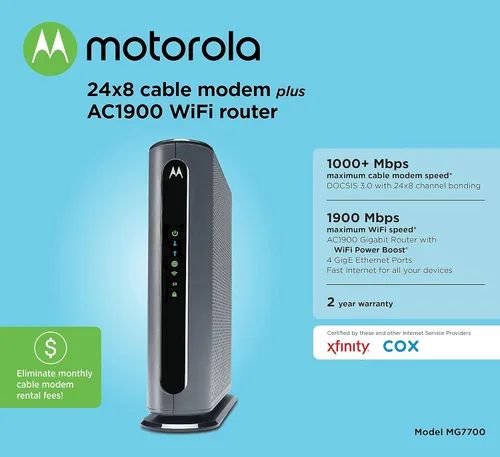 Vista 5 de Motorola Combo de router WiFi de módem MG7700 con potenciador de potencia Aprobado por Comcast Xfinity, Cox y Spectrum para planes de cable