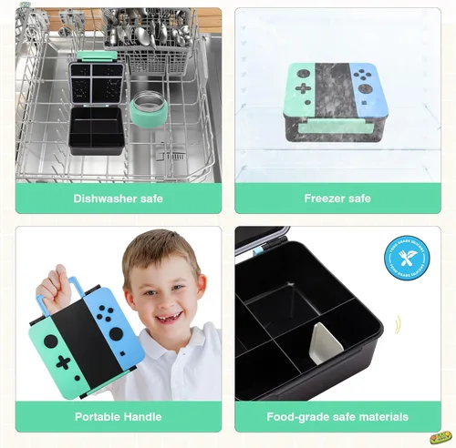 Vista 5 de Caja Bento Game para niños, lonchera con termo (tarro de comida de 9 onzas), cuchara plegable, divisor extraíble y taza de salsa, lonchera infantil