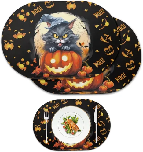 Pumpkin Placemats Oval Placemats Set of 2 Black Cat Table Mats for Dining Tables Washable Heat Resistant Place Mats for Holiday Party Use 12X18 Inch