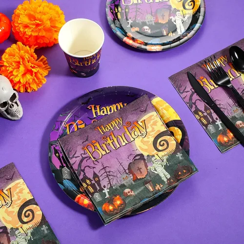 Vista 4 de Juego de vajilla de suministros para fiesta de Halloween, incluye platos de papel desechables de Halloween, cumpleaños, servilletas, vasos, mantel