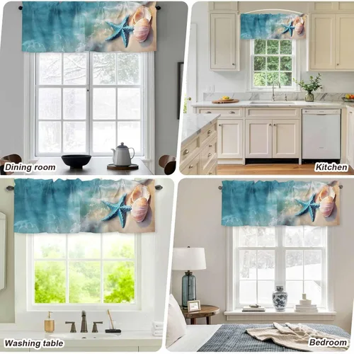 Vista 4 de Cenefas de verano para cocina, cafetería, cenefa de ventana con diseño de estrella de mar costera azul, 42 x 12 pulgadas, bolsillo para barra