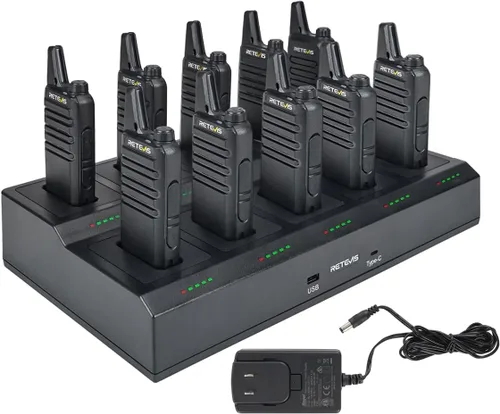 Retevis RT22 Radio Bidireccional, Walkie Talkies Recargables de Largo Alcance (Paquete de 10) con Cargador de 10 Vías, Barra de Progreso de Carga,