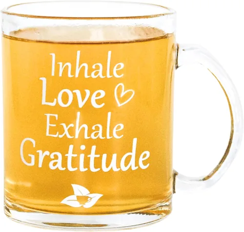 DelighTeas Taza inspiradora para café/té, taza de vidrio de 12 onzas con asa, taza de vibraciones positivas, gran regalo para amantes del café,