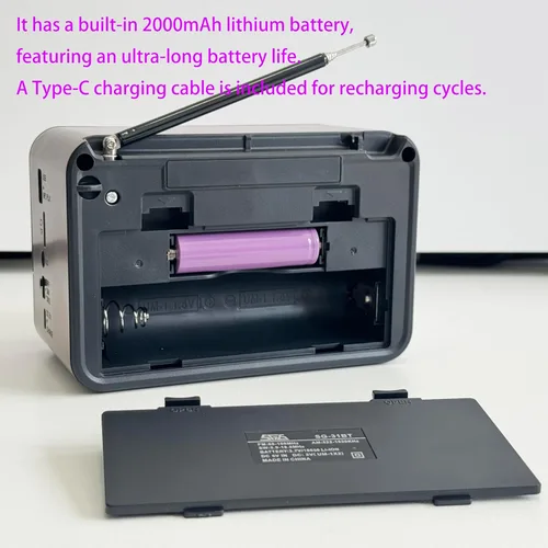 Vista 4 de Radio portátil retro AM/FM con reproductor de MP3, batería recargable, luz LED, diseño de grano de madera