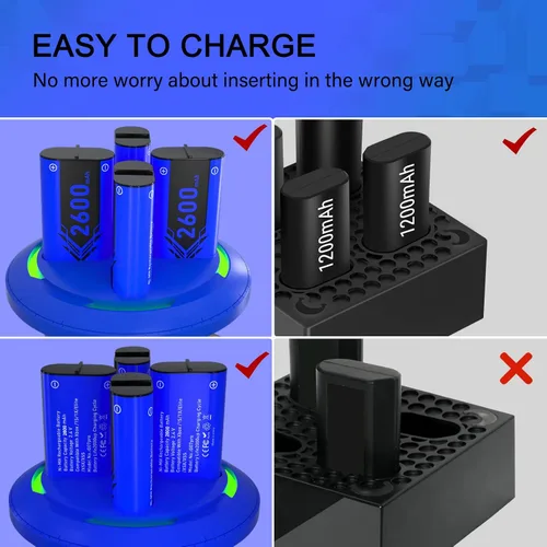 Vista 4 de Paquete de baterías recargables para control de Xbox One, 4 x 2600 mAh, baterías recargables de alta capacidad con base de carga para Xbox One SX