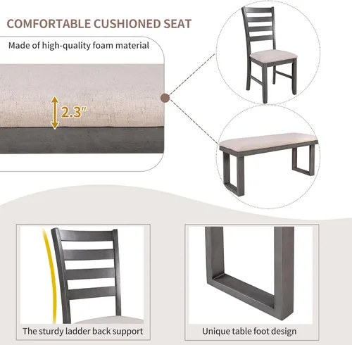 Vista 8 de Merax Juego de mesa de comedor, juego de mesa de cocina de 6 piezas con mesa rectangular y 4 sillas de comedor tapizadas con respaldo alto y banco