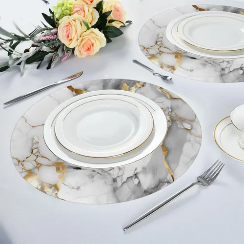 Vista 4 de Round Placemats Set of 6, White Golden Marble Pattern Heat Resistant Washable Place Mats Table Mat for Kitchen Dining Party