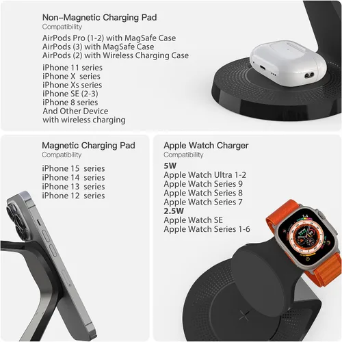 Vista 5 de Estación de carga 3 en 1 para dispositivos Apple, soporte de cargador Mag-Safe de carga rápida, cargador inalámbrico para iPhone serie