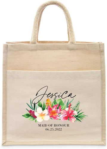 Vista 6 de WEDDINGSTAR Bolso de asas tejido medio personalizado de yute con bolsillo