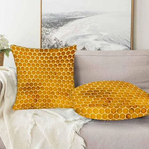 Vista 5 de Juego de 2 fundas de almohada de panal de abeja de 18 x 18 pulgadas, color amarillo miel, abstracto, fundas de almohada cuadradas de terciopelo