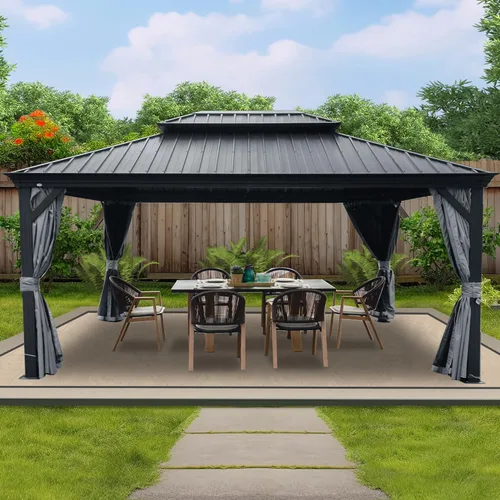 Vista 15 de Kozyard Caesar 10 x 12 pies Gazebo Permanente de Aluminio de techo rígido con una pared lateral con mosquitero