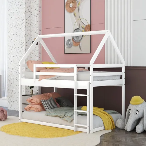 Vista 12 de Harper & Bright Designs Litera baja de tamaño individual sobre individual, marco de cama de madera para casa, escalera integrada, barandilla, techo