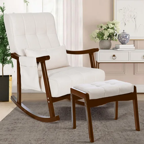 Vista 9 de NOBLEMOOD Mecedora tapizada con otomana, moderna silla mecedora para habitación del bebé, sillón de madera maciza con respaldo alto con asiento