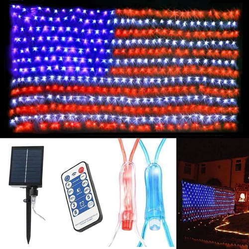 (Actualizado) Luces de bandera americana con energía solar 2 en 1, 420 luces LED de red de bandera, adorno patriótico impermeable para el Día de los