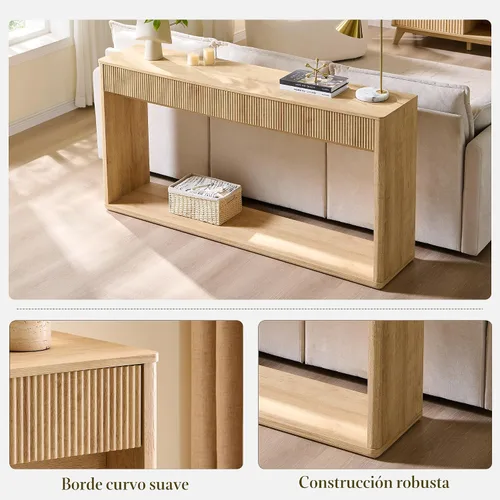 Vista 4 de OKD Mesa consola acanalada de 63" para entrada, mesa de entrada moderna con 2 cajones grandes, mesa de sofá larga detrás del sofá para sala de Roble