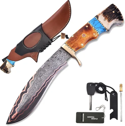 KIMPE Cuchillo de caza de Damasco de cobre de 12 pulgadas, cuchillos de hoja fija forjados a mano con capas de cobre, cuchillo de supervivencia al
