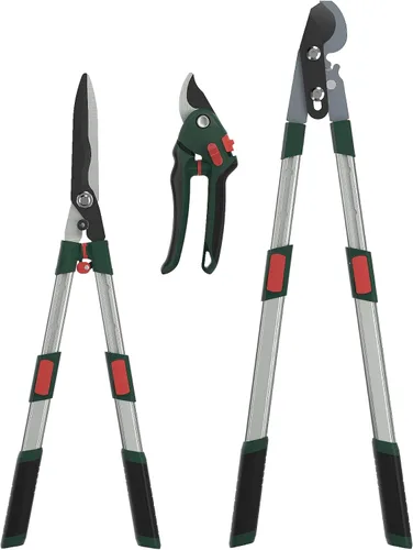GARTOL Juego de Herramientas de Jardín de 3 Piezas - Podadora de Bypass, Tijeras para Setos, Tijeras de Podar con Mangos Telescópicos de Aluminio,