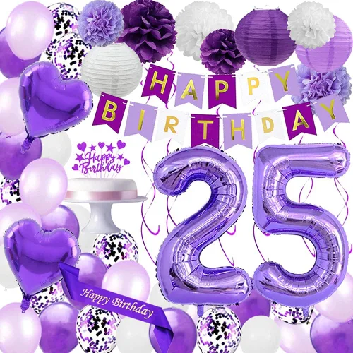 Juego de decoraciones de cumpleaños número 25 de color morado con texto en inglés "Happy Birthday", banda y decoración para tartas, globos de látex